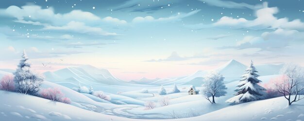 Christmas banner Pastel illustration Winter season landscape with christmas tree and snow Generative ai