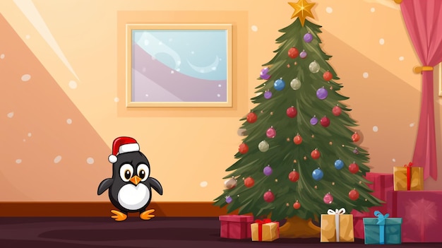 Christmas banner Penguin and Christmas tree