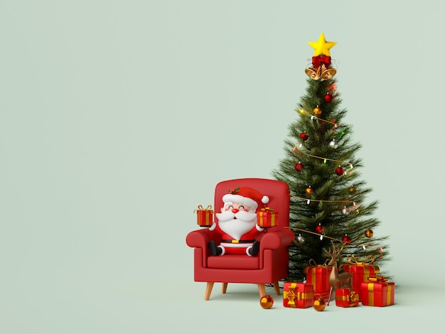 Christmas banner of Santa Claus with Christmas tree and gift 3d illustration