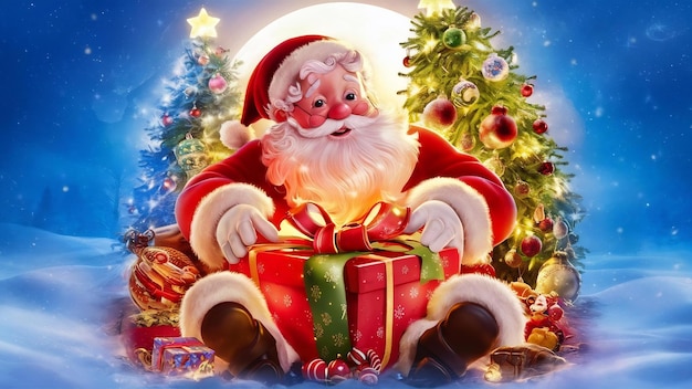 Christmas banner of santa claus with christmas tree and gift 3d illustration