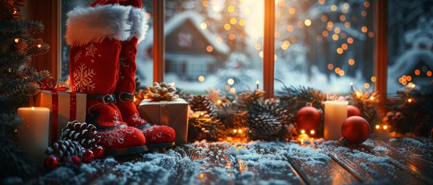 The Christmas banner shows a Santa boot and bag with gifts and cones on a wooden wall background The window is lit up by glowing lights