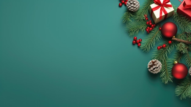 写真 クリスマス・バナー テキスト用空白 緑の背景 プレゼント 杉の枝 赤い飾り