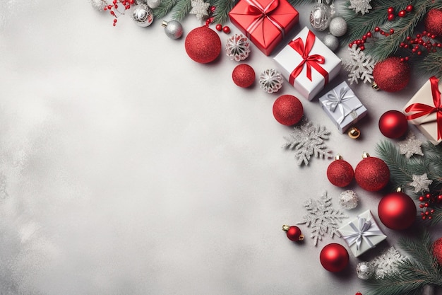 Christmas Banner with many Gifts White background new year top view empty space for text