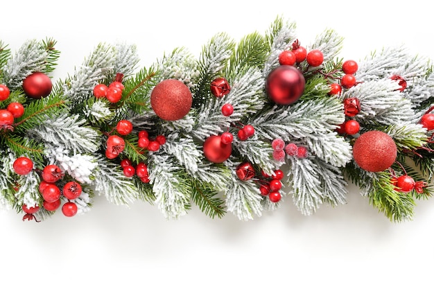 Christmas banner with red baubles in row on snowy evergreen branches