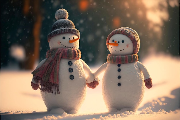 Christmas banner with snowman New year greeting Two snowman holding hands outdoors