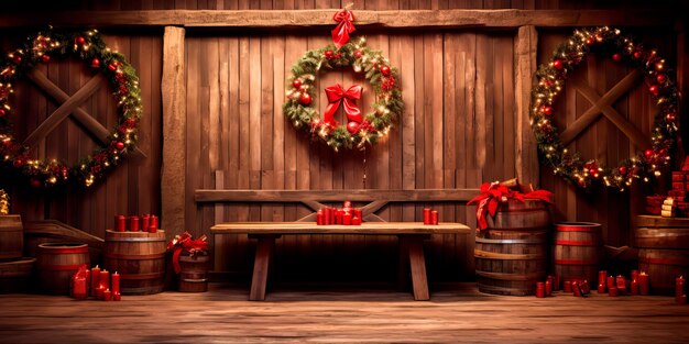 Christmas banner with a wooden backdrop adorned with wreaths and fairy lights