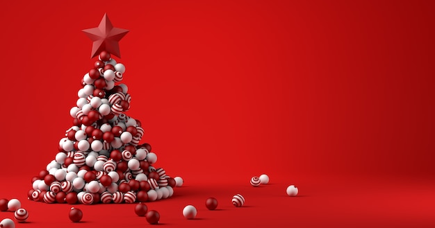 Christmas banner. xmas background with christmas tree with red balls. 3d illustration.