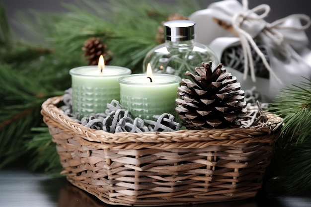 Christmas basket with SPA cosmetics products body and bathroom