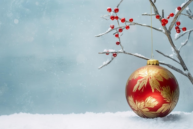 Christmas bauble fir twigs and sparkling snow copyspace AI generative Xmas greeting background