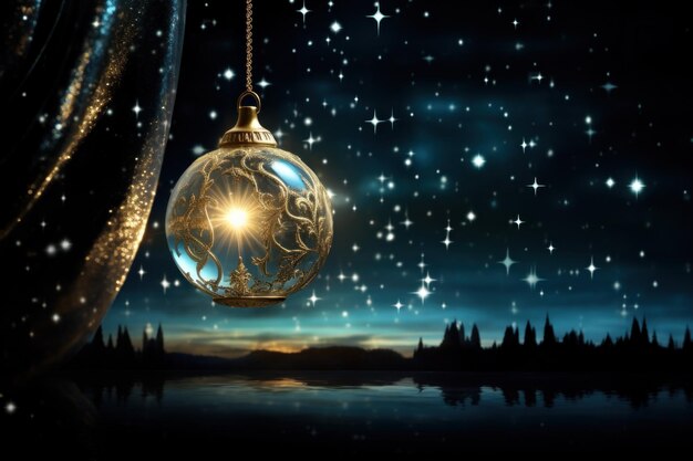 Foto bauble di natale appeso luce notturna stellata dalle stelle che si riflettono nel lago scena festiva e magica