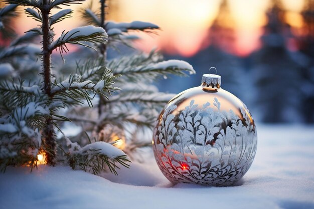 Foto bauble di natale sulla neve creato con ai generativa