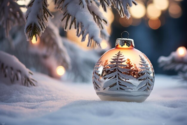 Foto bauble di natale sulla neve creato con ai generativa