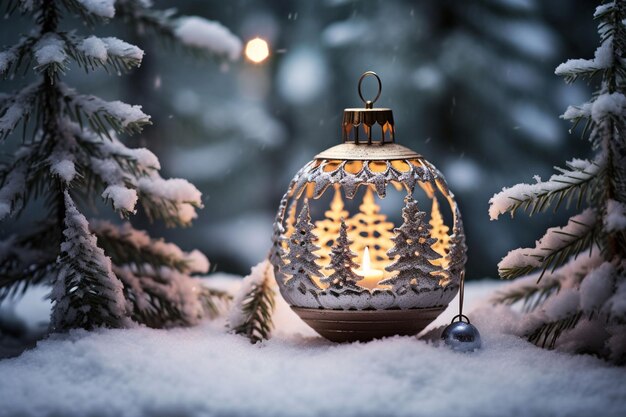 Foto bauble di natale sulla neve creato con ai generativa