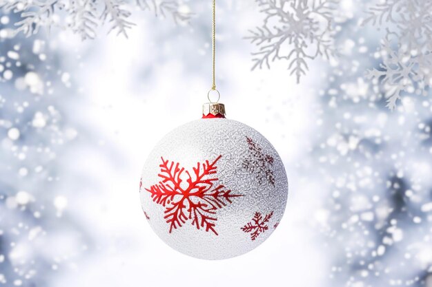 Christmas bauble on a snowy winter background Merry Christmas and Happy Holidays wishes generative ai