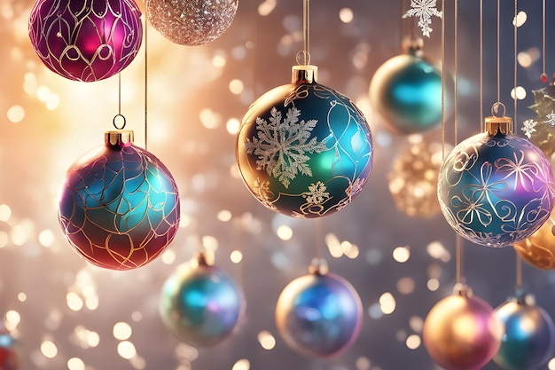Christmas baubles on bokeh background 3D rendering
