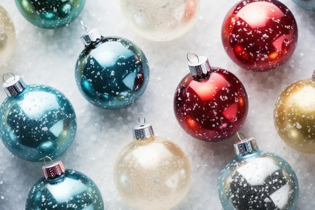 Christmas baubles decoration Christmas balls on snow closeup bokeh lights background