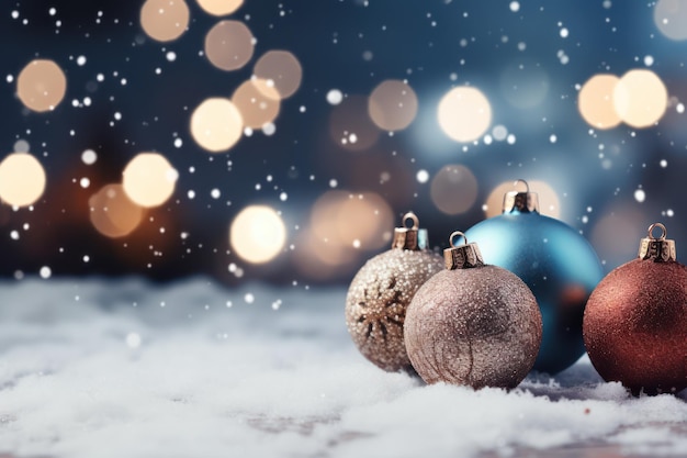 Christmas baubles decoration Christmas balls on snow closeup bokeh lights background