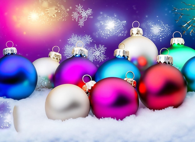 Christmas baubles or decorations on a snow on a bright winter background