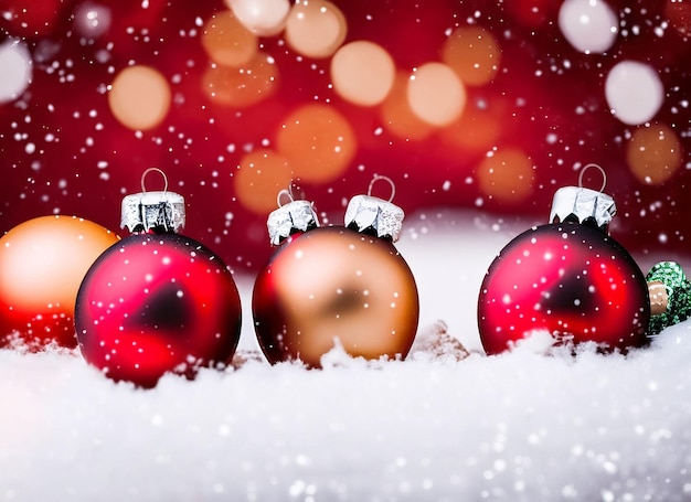 Christmas baubles or decorations on a snow on a bright winter background