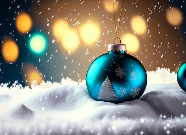Рождественские шарики или украшения на снегу на ярком зимнем фоне