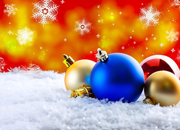 Christmas baubles or decorations on a snow on a bright winter background