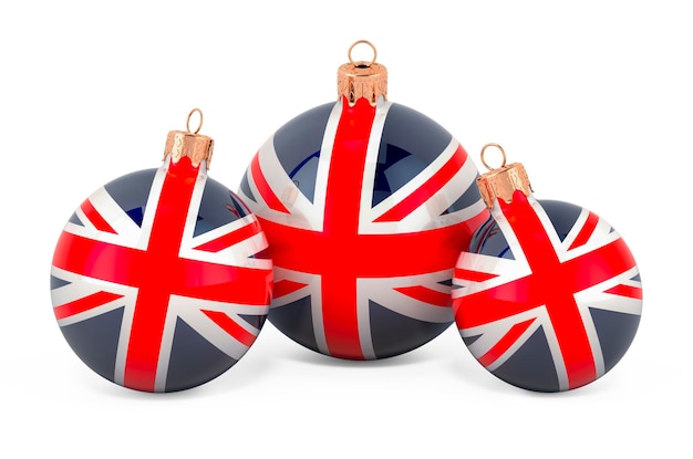 Christmas baubles with British flag 3D rendering