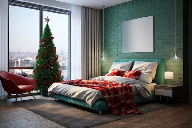 Christmas bedroom in traditional red and green color with xmas tree and gifts in stylish modern