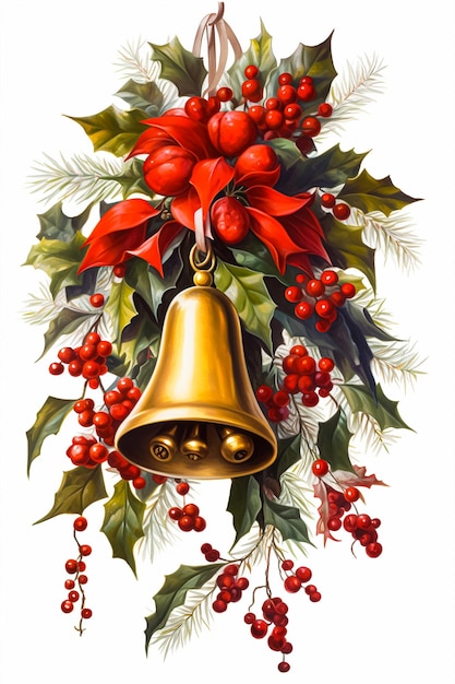 A christmas bell with holly and berries on it