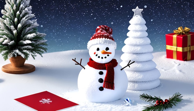 Лучшая рождественская открытка Зимний снеговик на столе