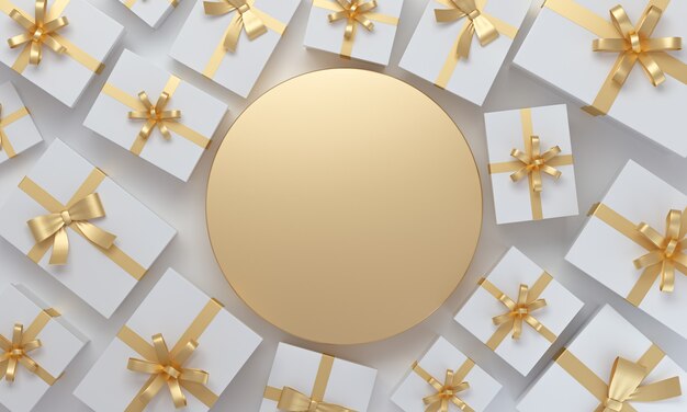 Christmas or birthday gifts on top view on golden background with space for graphic. 3D Rendering.