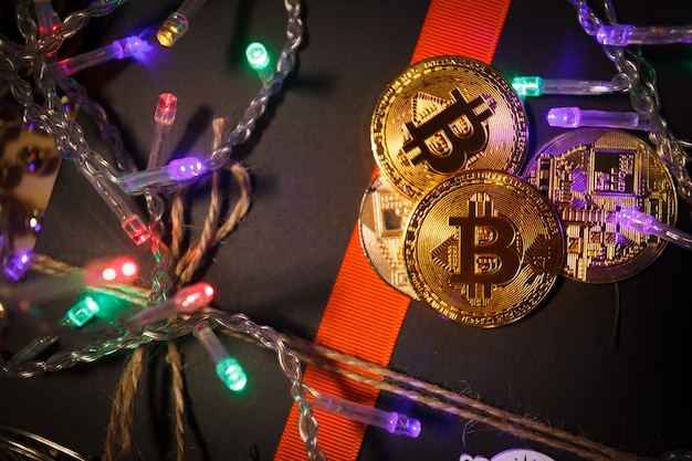 Christmas bitcoin garland gifts and fir branches