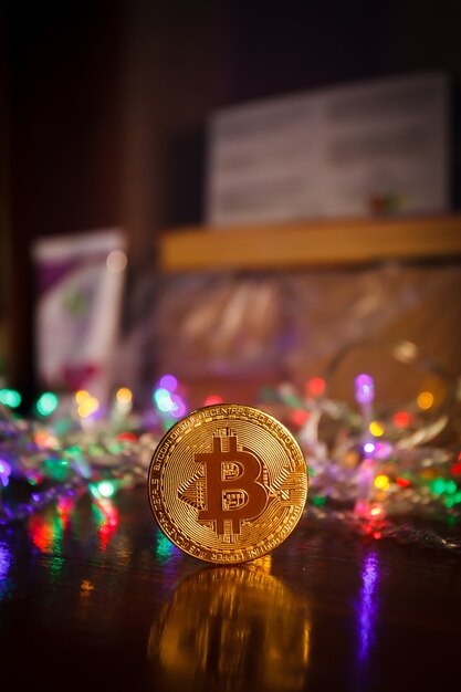 Christmas bitcoin garland gifts and fir branches