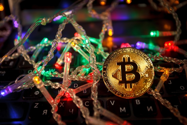 Christmas bitcoin garland gifts and fir branches