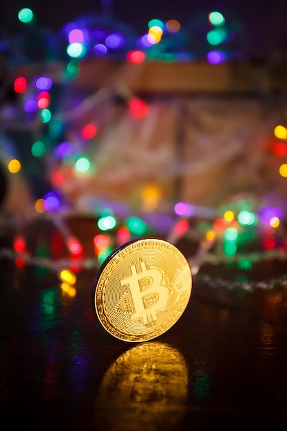 Christmas bitcoin garland gifts and fir branches