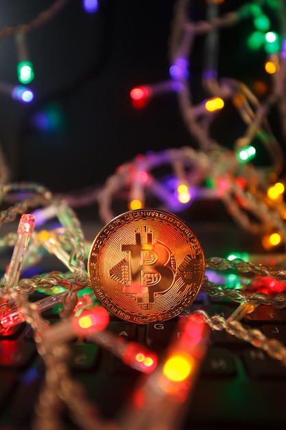 Christmas bitcoin garland gifts and fir branches