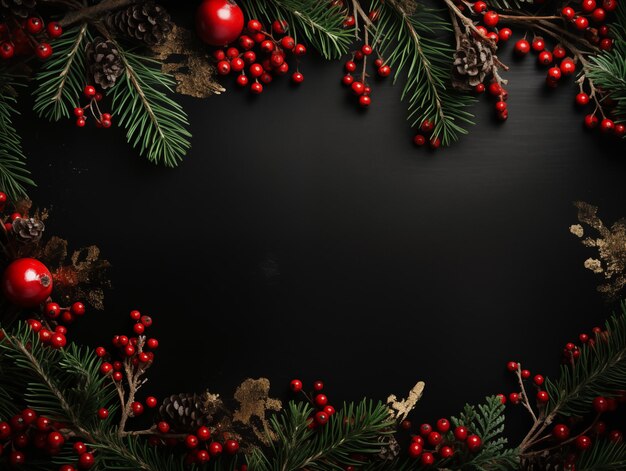 Фото Рождественская черная рама с ветвями красных ягод и боблов копируйте пространство новый год фон