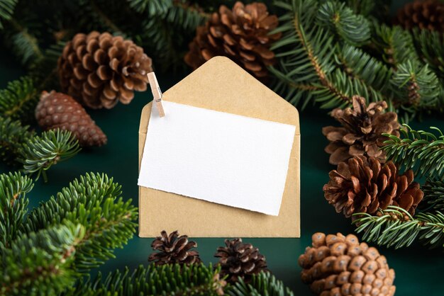 Christmas blank card and envelope between fir branches and pine cones on green close up