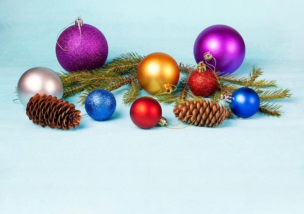 Christmas blue background with christmas balls and decorations