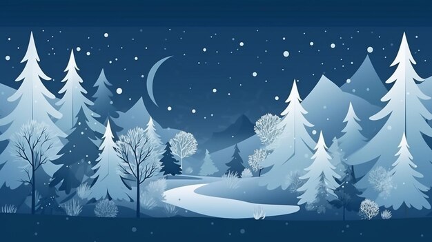 Photo christmas blue background with winter landscape with christmas trees mountains and starry sky