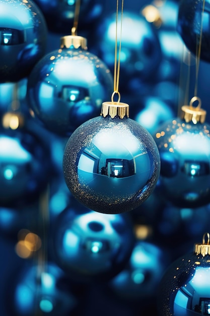 Christmas blue baubles close up Abstract holiday decorations background