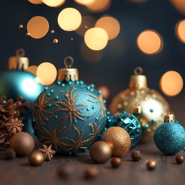 Christmas blue baubles closeup Abstract holiday decorations background