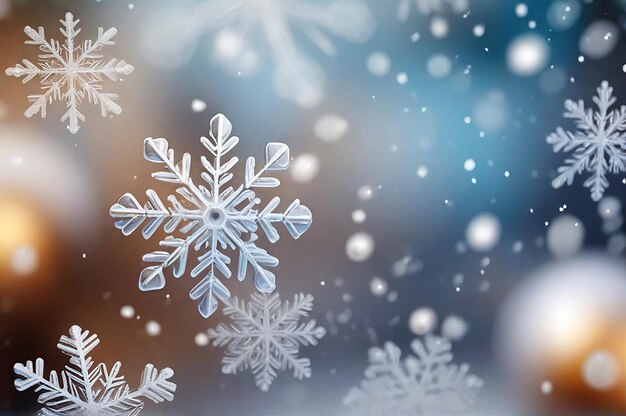 Christmas blurred background of complex defocused big and small falling snowflakes generated by ai