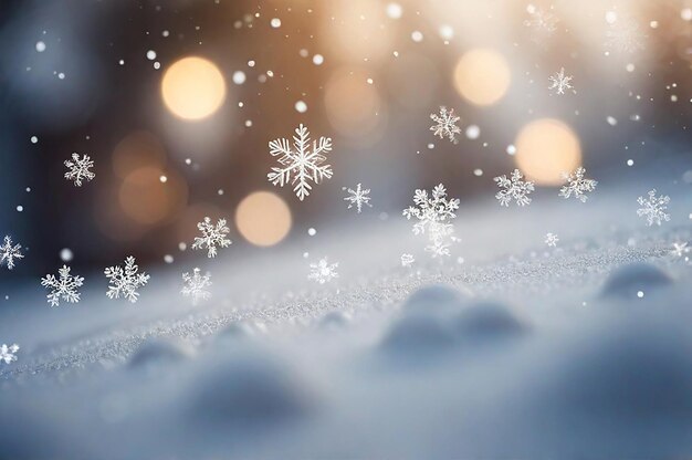 Christmas blurred background of complex defocused big and small falling snowflakes generated by ai