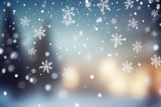 Christmas blurred background of complex defocused big and small falling snowflakes generated by AI