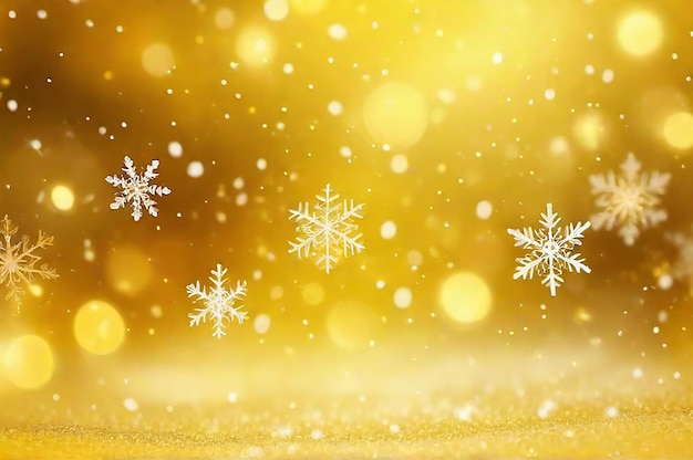 Photo christmas blurred background of complex defocused big and small falling snowflakes in yellow colors