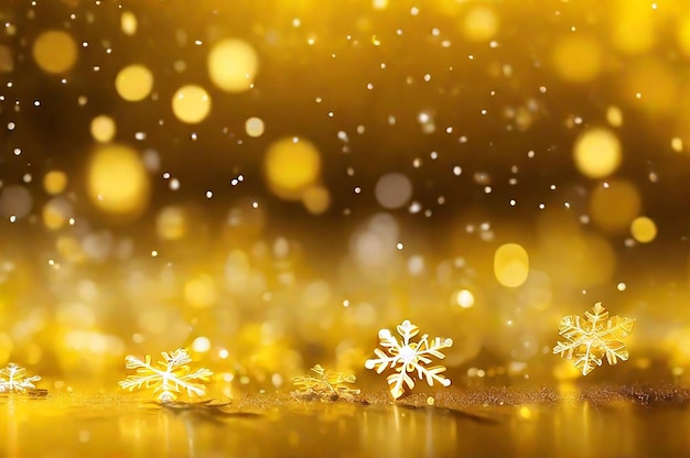 Christmas blurred background of complex defocused big and small falling snowflakes in yellow colors