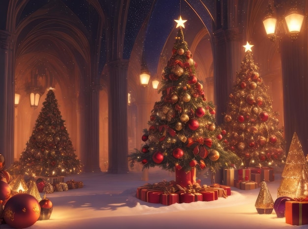 写真 クリスマスのぼやけた背景が輝きでいっぱい、きらめく振る舞い、魔法の雰囲気