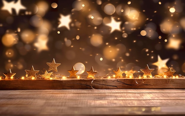 Christmas bokeh background wooden background with bokeh glitter stars rustic wood and Backdrop for product presentation AI Generative