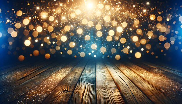 Christmas bokeh light illuminates a threedimensional wooden table