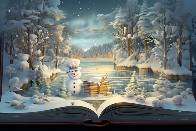 Photo christmas book with a snowman in a lake with children in the style of highly detailed illustrations